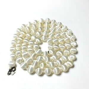 Vtg Sarah Coventry Necklace 36" White Satan Bead Cat's Eye Single Strand Signed